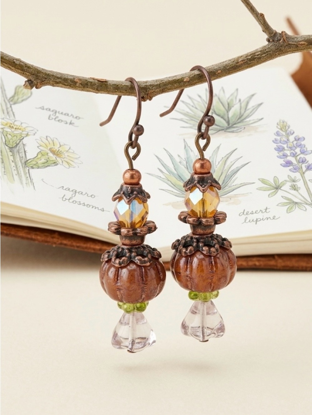 Hand Crafted Boho Czech Glass Pumpkin & Flower Drop Earrings Antique Copper NWT